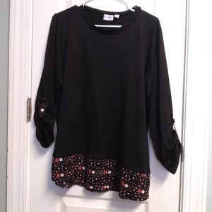 Black Women's Long Sleeve Layered Hem Top with Printed Trim